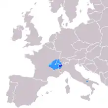 Diffusion du francoprovençal : bleu : protégé, azur : région historique, azur clair : zone de transition.