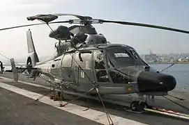 Un hélicoptère Dauphin « Pedro » sur le pont d'envol du porte-avions Charles de Gaulle.