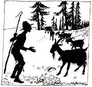 Illustration de la fable d’Ésope La chèvre et le chevrier, 1912.