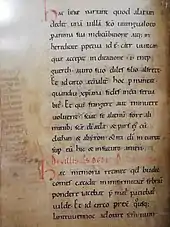 Extrait De villis quas dedit Budicus du cartulaire, décrivant une donation de Budic à saint Guénolé pour le remercier d'une guérison miraculeuse.