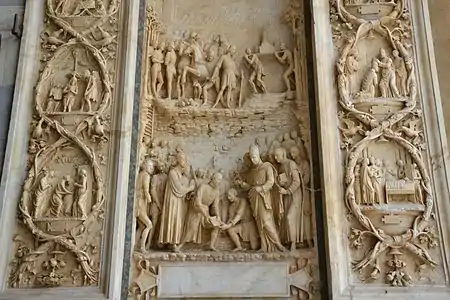 Benedetto Briosco, Jean Galéas Visconti pose la première pierre de la Chartreuse, bas-relief du portail de l'église.