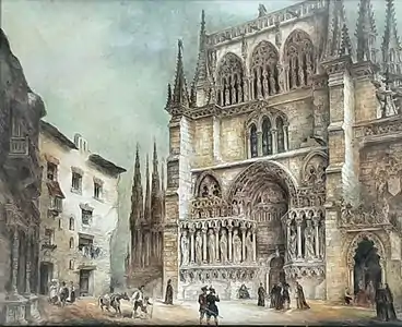 Fachada de la Catedral (Puerta Alta de la Cathédrale Sainte-Marie de Burgos, España), gouache sur papier de Jenaro Pérez Villaamil (avant 1842).