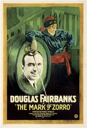 Poster d'un film dessiné sur lequel un homme portant un bandeau troué sur ses yeux tient une épée.