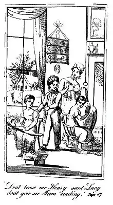 Frontispice d'un ouvrage du XIXe siècle, représentant des enfants qui jouent devant leur mère.