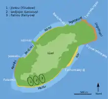 Dessin en couleur figurant l'île, ovale, avec ses toponymes.