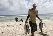 Homme sur la plage tenant quatre thons par la queue.
