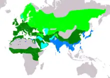 Carte de l'aire de répartition du Faucon crécerelle, en Eurasie et en Afrique