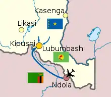 Carte des opérations. L'axe d'attaque des rebelles passe par Kipushi à l'est de Lubumbashi, après atterrissage à Ndola en Zambie.