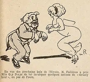 Caricature d'Armand Fallières dansant avec Gaby Deslys.