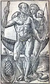 gravure présentant un homme nu portant des flèches et un grand arc ; derrière lui, une femme nue qui porte un bébé, et un hamac ; à leurs pieds, un ananas