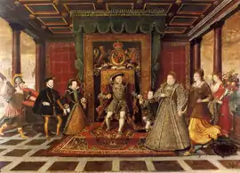 Family group of the Tudors with the figures of War, Peace and Plenty