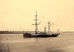 Brick-goélette de la marine française Fanfare à deux mâts de classe Chacal en service de 1869 à 1890, 43,45 m de long, 500 t. de déplacement