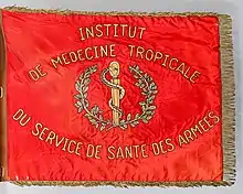 fanion rectangulaire rouge vif portant en lettres brodées dorées l'inscription Institut de médecine tropicale du Service de santé des armées sur deux lignes entourant un caducée bordé de feuilles de chêne et de laurier