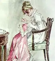 Fanny cousant, vue par C. E. Brock pour une édition de Mansfield Park parue en 1908.