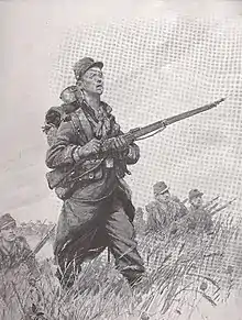 Soldats se relevant tout en rechargeant leur armes, celui du premier plan portant un bandage à la tête.