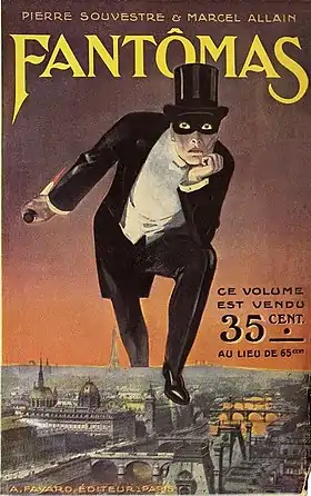 Couverture du premier volume de la série Fantômas coécrite par Pierre Souvestre et Marcel Allain, éditions Arthème Fayard, 1911.Artiste anonyme ; les illustrations de couverture des volumes suivants seront l'œuvre de Gino Starace« Restait à trouver une illustration saisissante pour la couverture du premier volume. Aucun des projets présentés n'étant assez percutant, Fayard suggère alors de fouiller dans le carton rempli d'affiches publicitaires, qu'un dessinateur éconduit a laissé dans son bureau. Marcel Allain y déniche un projet d'affiche concernant les « Pilules Pink pour personnes pâles ». Elle représente un homme masqué en habit de soirée qui enjambe les toits de Paris ; sa main droite laisse échapper dans le ciel une traînée de pilules. Une idée à creuser, mais dont l'auteur a omis de laisser nom et adresse. Il ne s'est jamais fait connaître depuis la naissance du mythe à l'imagerie duquel il a contribué malgré lui. Voici comment : « Puisque vous tenez à cette affiche, propose Fayard, il n'y a qu'à effacer la traînée de pilules, remplacer la boîte par un poignard, et ça fera l'affaire… » Ainsi est née, selon l'expression de Robert Desnos, une image classique de l'onirologie parisienne. Elle n'a cessé d'inspirer illustrateurs et peintres. L'un d'eux, Magritte, s'est borné à la reproduire en remplaçant le poignard par une rose. »,« La 1re couverture de cette dernière série [Fantômas], reproduite ci-dessous est anonyme. Il s'agit en fait d'un montage effectué à partir d'un projet d'affiche publicitaire retouché pour les besoins de la cause. »,Artiaga et Letourneux 2013, p. 19..