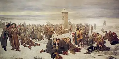 Adieu l'Europe ! Ce tableau montre l'exil de Polonais après l'Insurrection de Janvier 1863. L'obélisque qu'on voit marque la frontière entre l'Europe et l'Asie, et on peut apercevoir le peintre de cette toile, Aleksander Sochaczewski, qui fut lui aussi exilé, sur la droite.Voir aussi : Sybirak