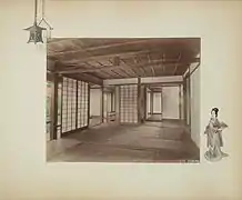Pièces, 1886. Photographie à l'albumine colorée à la main décorant un album.Intérieur d'une maison japonaise.