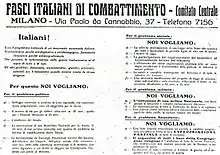 Page imprimée, avec en titre "FASCI ITALIANI DI COMBATTIMENTO", commençant par "Italiani!" Paragraphes de texte encadrés par le texte "NOI VOGLIAMO:" à cinq reprises.