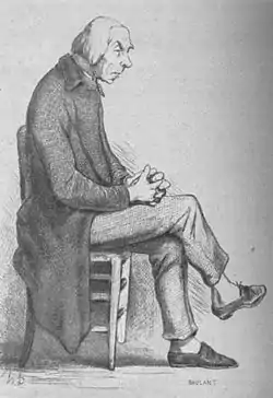 Gravure d'un homme préoccupé vu de profil, il est assis sur une chaise les mains croisées posées sur ses jambes croisées.