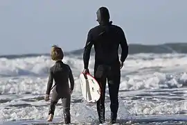 Un enfant et un homme en combinaison de natation marchant vers la mer