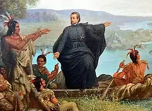 Le père Jacques Marquette prêchant au milieu d'Amérindiens dans les années 1670.