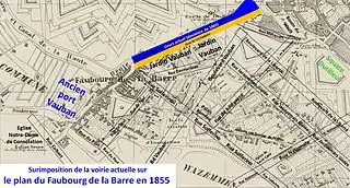 Faubourg de la Barre en 1855 avec surimposition des principales voies actuelles et de la Deûle après 1865