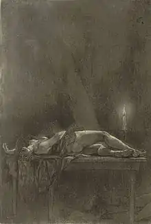 Illustration représentant une femme dénudée étendue sur une table, les yeux révulsés, éclairée par une bougie.