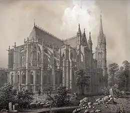 Église de l'abbaye de Saint-Denis (abside et façade septentrionale), lithographie de Félix Benoist vers 1850.