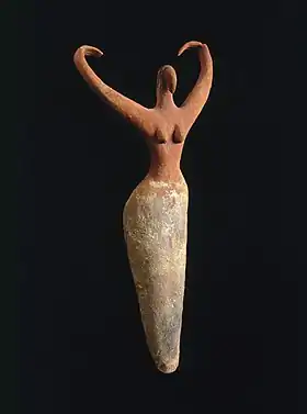 Figure de femme dite « danseuse ». Nagada I, v. 3500-3400 PrédynastiqueTerre cuite peinteH. 29,3 cmMusée de Brooklyn