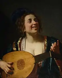 Femme accordant son luth, par Gerrit van Honthorst, 1624.