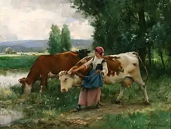La période des foins était une période de travail intense car il fallait en même temps assurer l'ordinaire, Femme et vaches par l'eau, Julien Dupré vers 1880