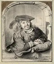 Autoportrait, dessin de Ferdinand Bol (c. 1650-1655, Albertina). Un temps attribué à Rembrandt ; inspiré notamment de l'autoportrait à l'eau-forte de 1638 (B. 20).