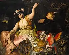 Femme bras levé, richement habillée, sur couche avec coupes de fruits, perroquet, éventail de plumes de paon ; derrière, visage d'homme en profil