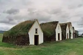 Vue de face d'une ferme en tourbe islandaise