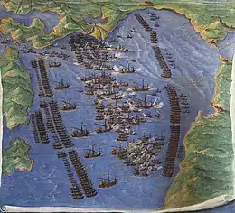 Tableau ancien : carte d'une bataille où deux flottes s'affrontent.