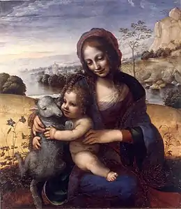 Peinture de la Vierge Marie assise, dans un décor naturel, avec sur les genoux l’Enfant Jésus qui embrasse un agneau.