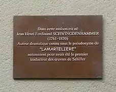 Plaque sur la maison natale de Jean Henri Ferdinand Schwingdenhammer.