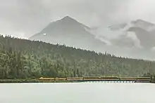 Paysage de montagnes et de forêts dans de la grisaille. Un train rayé d'une ligne jaune franchit un viaduc sur un lac et longe ce dernier.