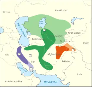 Carte de l'Asie mineure et centrale, avec aplats de couleur.