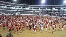 Photographie prise la nuit de nombreux gymnastes en rouge et blanc/noir dansant dans des arènes