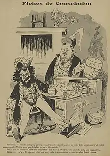 Dessin monochrome de Pelletan assis devant un bureau couvert de verres d'absinthe ; Maurice Berteaux se tient debout à côté de lui.