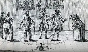 Au centre deux hommes débattent, un troisième essaie de les départager sous le regard de trois femmes.