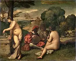 Peinture. Femmes nues, debout versant de l'eau, assise avec flutiau. Hommes vêtus avec luth. Paysage vallonné, arboré.
