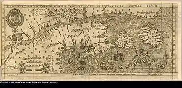 Carte de Marc Lescarbot, « Figvre de la terre nevve, grande riviere de Canada, et côtes de l'ocean en la Novvelle France, 1609 ». Il était de l'expédition de l'Acadie en 1603-1607, avec Pierre Dugua de Mons et Champlain.