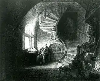 Un vieillard médite, assis au fond d'une salle voutée sous un escalier à vis.