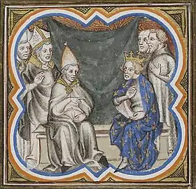 Enluminure montrant cinq hommes habillés en blanc et un portant un manteau bleu orné de fleurs de lys