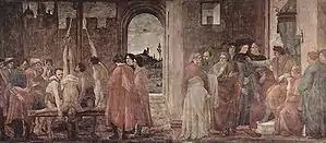 La crucifixion de Pierre et la dispute avec Simon le Mage, fresque de la chapelle Brancacci, Filippino Lippi.