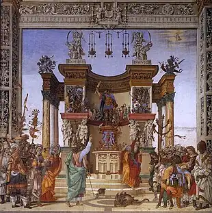 Saint entouré de plusieurs personnages devant un temple