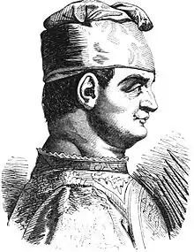Portrait gravé d'un homme de profil, portant costume et bonnet.